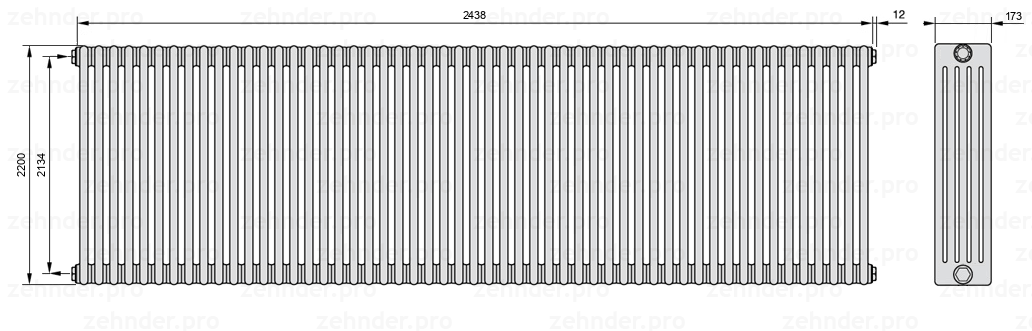 Схема (чертеж) Радиатор Zehnder Charleston 5220/53 №1270 Белый глянцевый RAL 9016